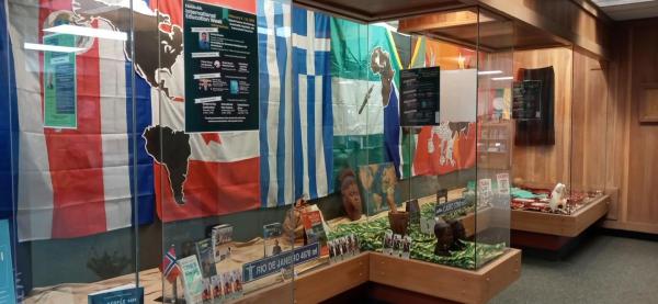 photo of large display case with International Education Week display