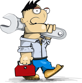 cartoon male character holding a huge wrench and carrying a red tool box