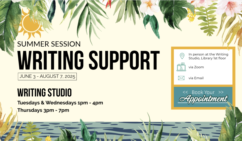Writing Support at the Writing Studio Tuesdays and Wednesdays 1pm - 4pm, Thursdays 3pm - 7pm